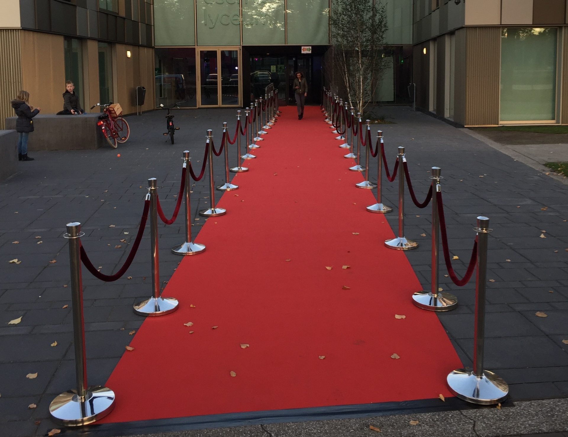 rode loper met rvs paaltjes chroom paaltjes voor entree